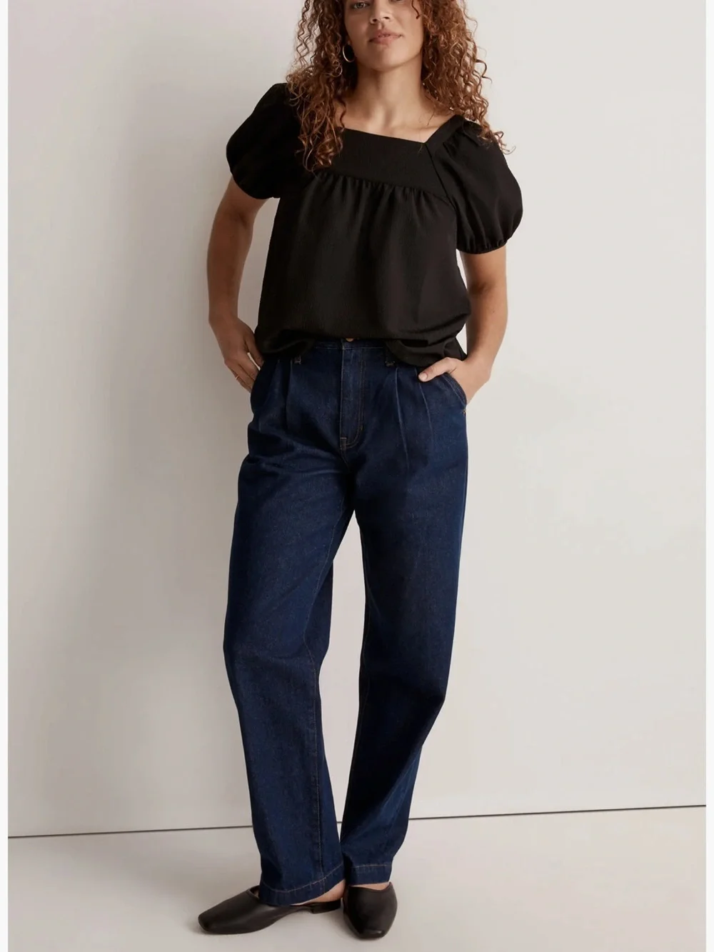 NEW Madewell Seersucker Black Square-Neck Bubble Sleeve Tie Back Top Size S NWOT